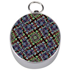 Colorful Floral Collage Pattern Silver Compasses