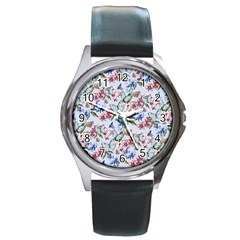 Watercolor Flowers Butterflies Pattern Blue Red Round Metal Watch by EDDArt