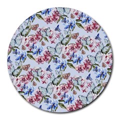 Watercolor Flowers Butterflies Pattern Blue Red Round Mousepads by EDDArt