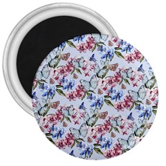 Watercolor Flowers Butterflies Pattern Blue Red 3  Magnets by EDDArt