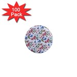 Watercolor Flowers Butterflies Pattern Blue Red 1  Mini Magnets (100 pack)  Front