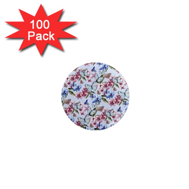 Watercolor Flowers Butterflies Pattern Blue Red 1  Mini Magnets (100 pack) 