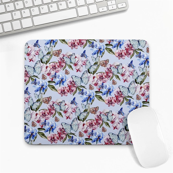 Watercolor Flowers Butterflies Pattern Blue Red Large Mousepads