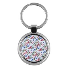 Watercolor Flowers Butterflies Pattern Blue Red Key Chains (round)  by EDDArt