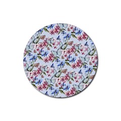 Watercolor Flowers Butterflies Pattern Blue Red Rubber Round Coaster (4 Pack)  by EDDArt