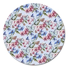 Watercolor Flowers Butterflies Pattern Blue Red Magnet 5  (round) by EDDArt