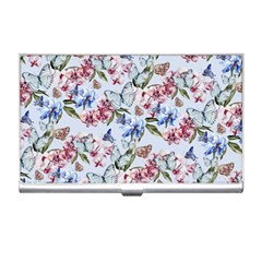 Watercolor Flowers Butterflies Pattern Blue Red Business Card Holders by EDDArt