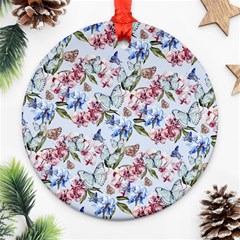 Watercolor Flowers Butterflies Pattern Blue Red Round Ornament (two Sides) by EDDArt