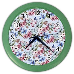 Watercolor Flowers Butterflies Pattern Blue Red Color Wall Clocks by EDDArt