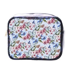 Watercolor Flowers Butterflies Pattern Blue Red Mini Toiletries Bags by EDDArt