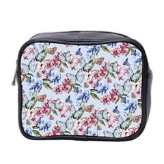 Watercolor Flowers Butterflies Pattern Blue Red Mini Toiletries Bag 2-side by EDDArt