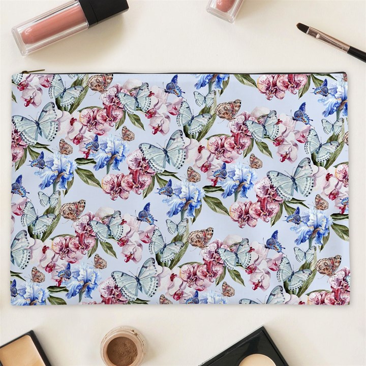 Watercolor Flowers Butterflies Pattern Blue Red Cosmetic Bag (XXL) 