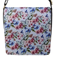 Watercolor Flowers Butterflies Pattern Blue Red Flap Messenger Bag (s) by EDDArt