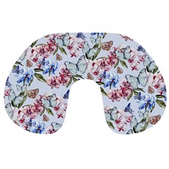 Watercolor Flowers Butterflies Pattern Blue Red Travel Neck Pillows by EDDArt