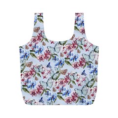 Watercolor Flowers Butterflies Pattern Blue Red Full Print Recycle Bags (m) 