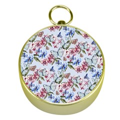 Watercolor Flowers Butterflies Pattern Blue Red Gold Compasses by EDDArt