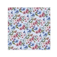 Watercolor Flowers Butterflies Pattern Blue Red Small Satin Scarf (square) by EDDArt