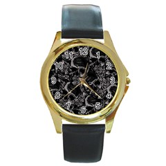 Skulls Pattern Round Gold Metal Watch by ValentinaDesign