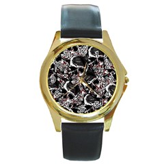 Skulls Pattern Round Gold Metal Watch