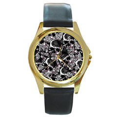 Skulls Pattern Round Gold Metal Watch by ValentinaDesign