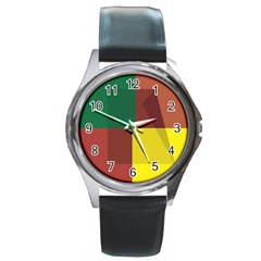 Albers Out Plaid Green Pink Yellow Red Line Round Metal Watch by Mariart