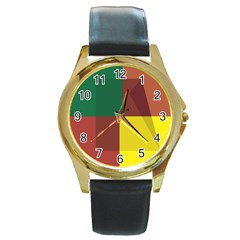 Albers Out Plaid Green Pink Yellow Red Line Round Gold Metal Watch