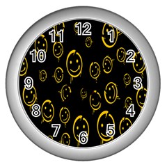 Face Smile Bored Mask Yellow Black Wall Clocks (silver)  by Mariart