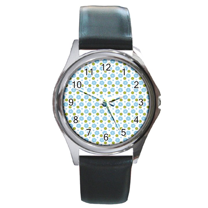 Blue Yellow Star Sunflower Flower Floral Round Metal Watch