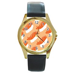 Fish Eat Japanese Sushi Round Gold Metal Watch by Mariart