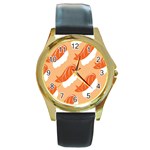 Fish Eat Japanese Sushi Round Gold Metal Watch Front