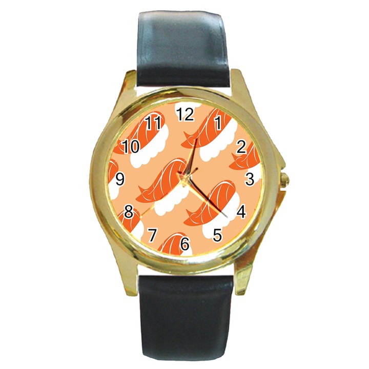 Fish Eat Japanese Sushi Round Gold Metal Watch