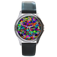 Flowersfloral Star Rainbow Round Metal Watch by Mariart