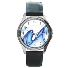 Glittering Abstract Lines Blue Wave Chefron Round Metal Watch by Mariart