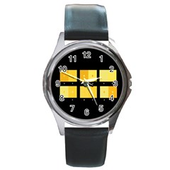 Horizontal Color Scheme Plaid Black Yellow Round Metal Watch