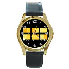 Horizontal Color Scheme Plaid Black Yellow Round Gold Metal Watch by Mariart