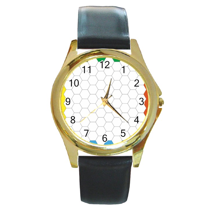 Hex Grid Plaid Green Yellow Blue Orange White Round Gold Metal Watch