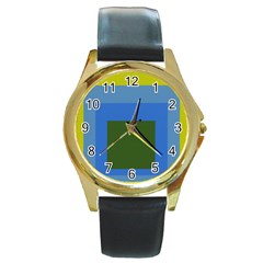 Plaid Green Blue Yellow Round Gold Metal Watch