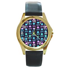 Polkadot Plaid Circle Line Pink Purple Blue Round Gold Metal Watch by Mariart