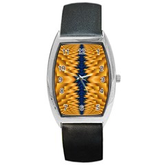 Plaid Blue Gold Wave Chevron Barrel Style Metal Watch by Mariart