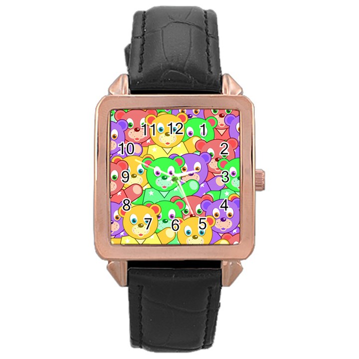 Cute Cartoon Crowd Of Colourful Kids Bears Rose Gold Leather Watch 