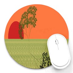 Sunset Orange Green Tree Sun Red Polka Round Mousepads by Mariart