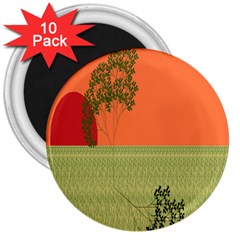 Sunset Orange Green Tree Sun Red Polka 3  Magnets (10 Pack) 