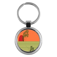 Sunset Orange Green Tree Sun Red Polka Key Chains (round)  by Mariart