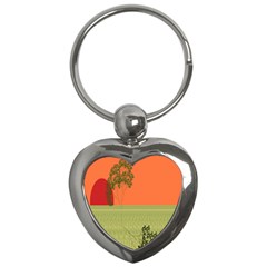 Sunset Orange Green Tree Sun Red Polka Key Chains (heart)  by Mariart