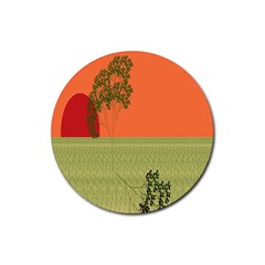 Sunset Orange Green Tree Sun Red Polka Rubber Coaster (round) 