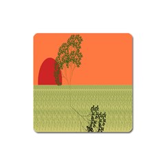 Sunset Orange Green Tree Sun Red Polka Square Magnet