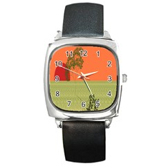 Sunset Orange Green Tree Sun Red Polka Square Metal Watch