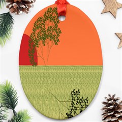 Sunset Orange Green Tree Sun Red Polka Oval Ornament (Two Sides)