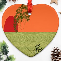 Sunset Orange Green Tree Sun Red Polka Heart Ornament (two Sides) by Mariart