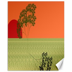 Sunset Orange Green Tree Sun Red Polka Canvas 11  X 14   by Mariart